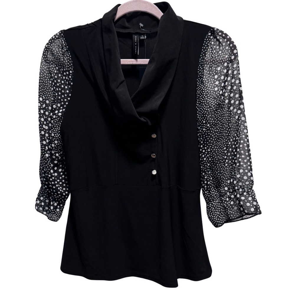 NWT Womens VNeck blouse, Zero 2 Eight size L, sheer sleeves, faux button closure
